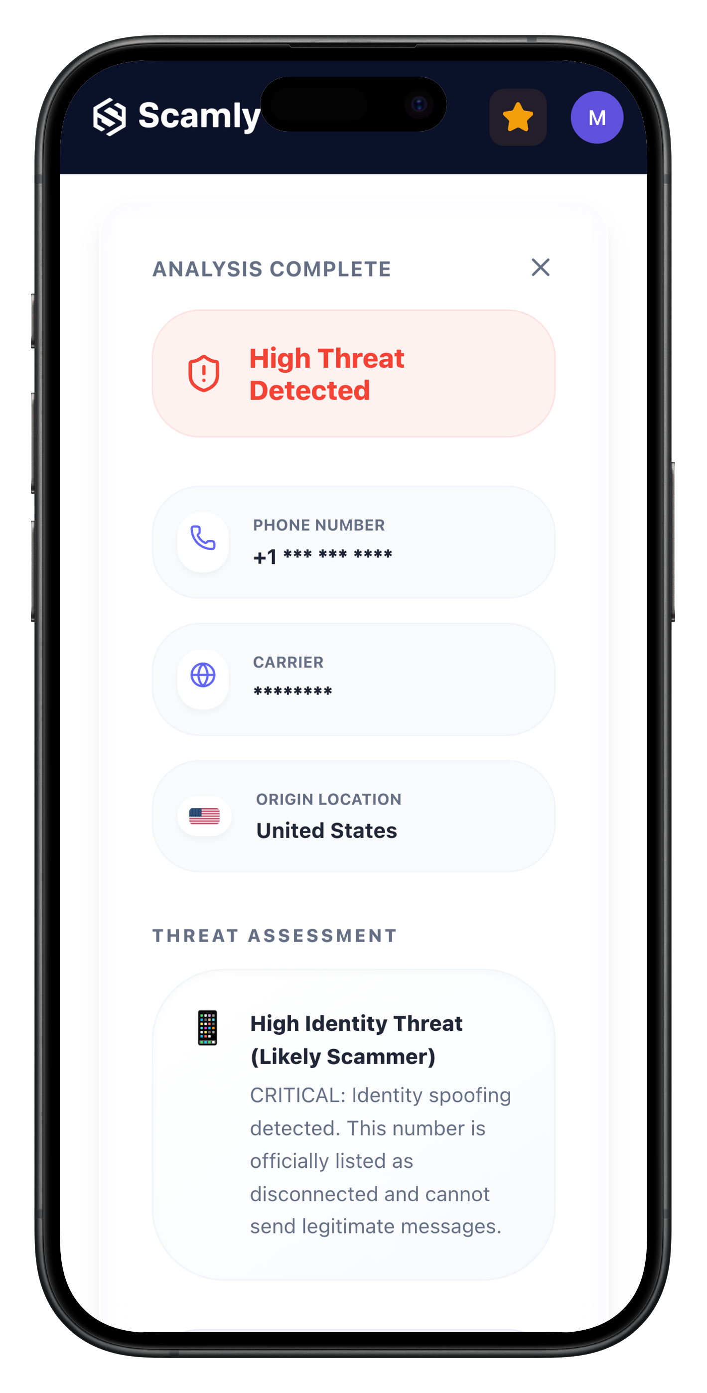 Scamly providing a high risk fraud score for a suspicious link